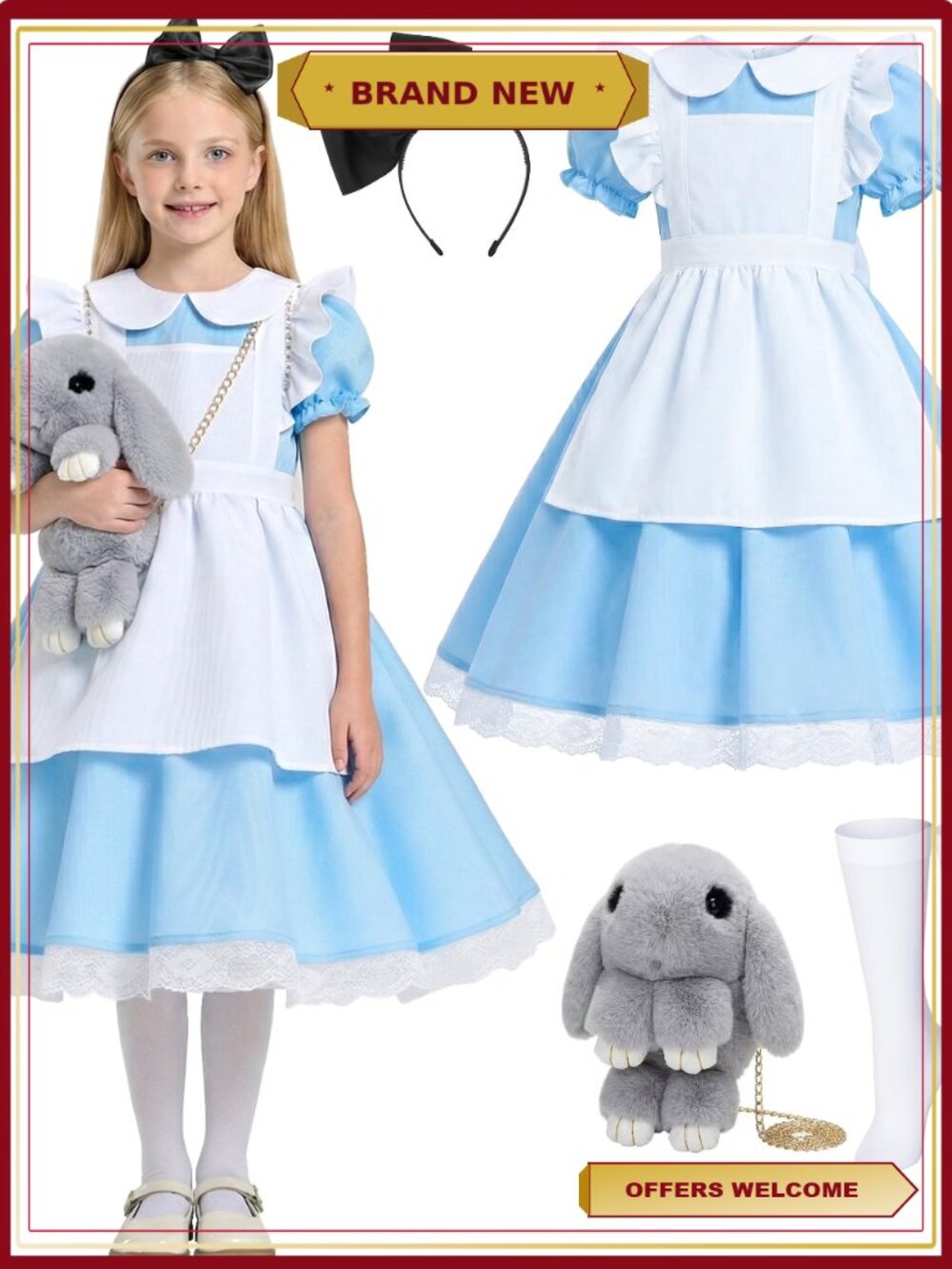 Girls Halloween Blue Maid Dress Apron Rabbit Bag Costume